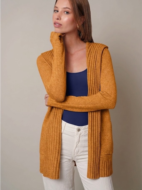 Cyrus Sweaters - Cyrus Open-Front Ribbed-Trim Hooded Cardigan- Mustard